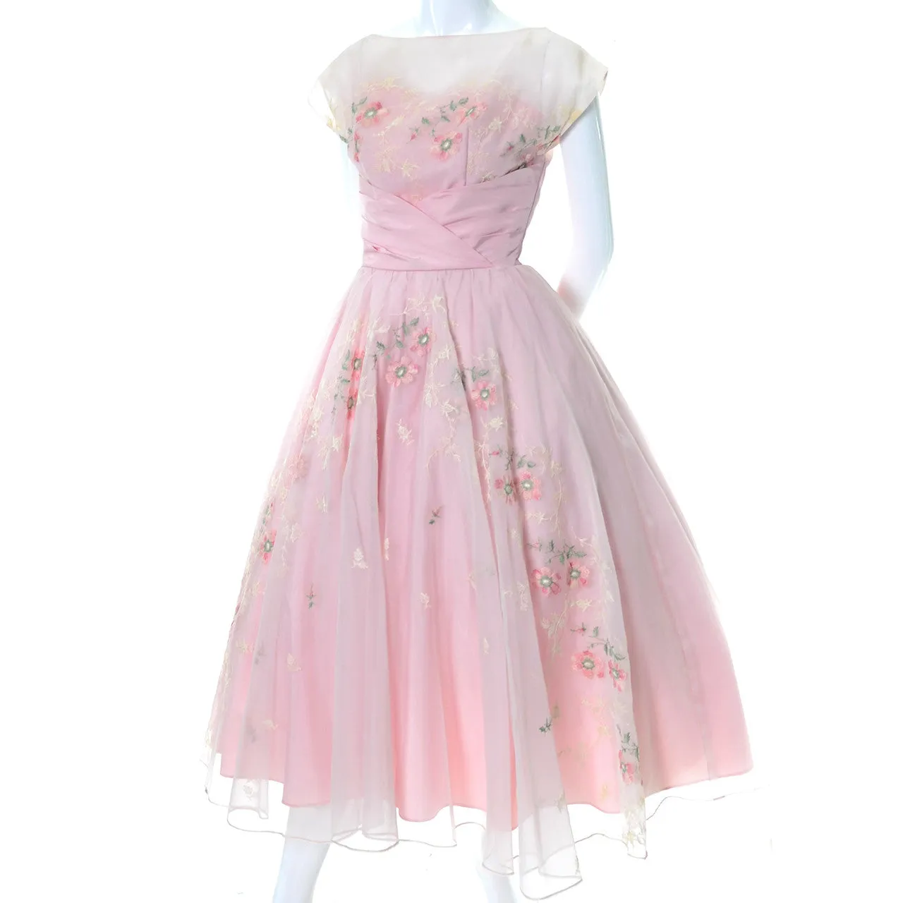 1950s Vintage Dress Pink Fairytale Gown Floral Embroidery Full Skirt