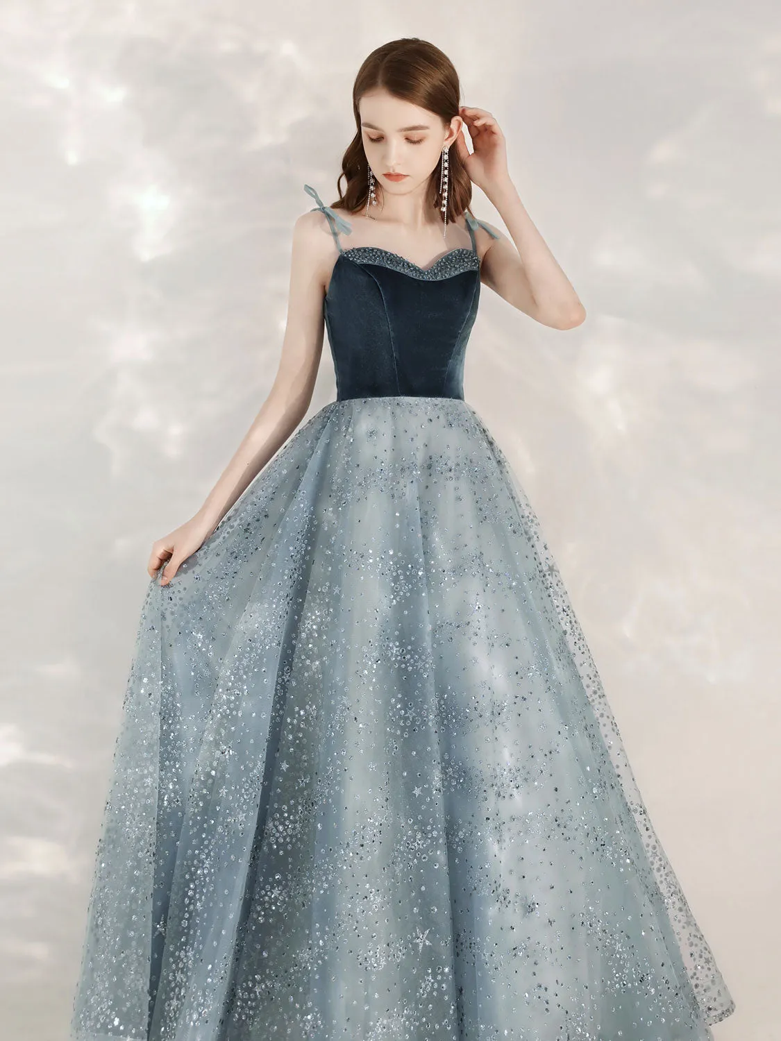 A-Line Sequin Tulle Blue Long Prom Dresses, Tulle Formal Dress with Velvet