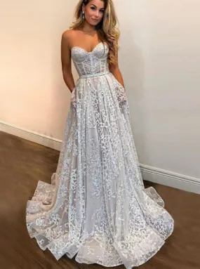 A-Line Sweetheart Sequins Long Prom Dress Lace Wedding Gown OW357