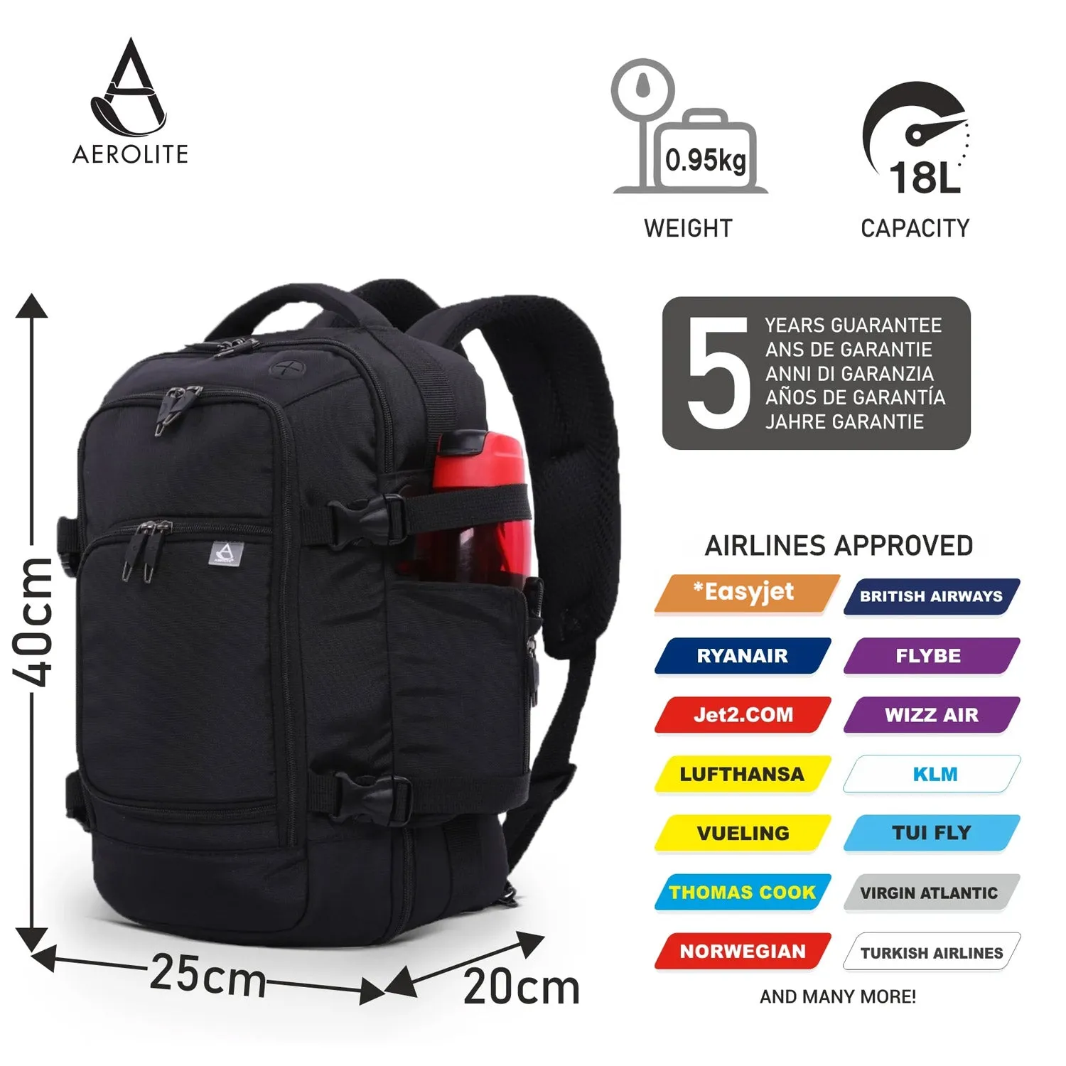 Aerolite (40x20x25cm) New and Improved 2024 Ryanair Maximum Size Hand Cabin Luggage/Backpack/Rucksack with YKK Zippers, Built-in USB Charging Port, Black