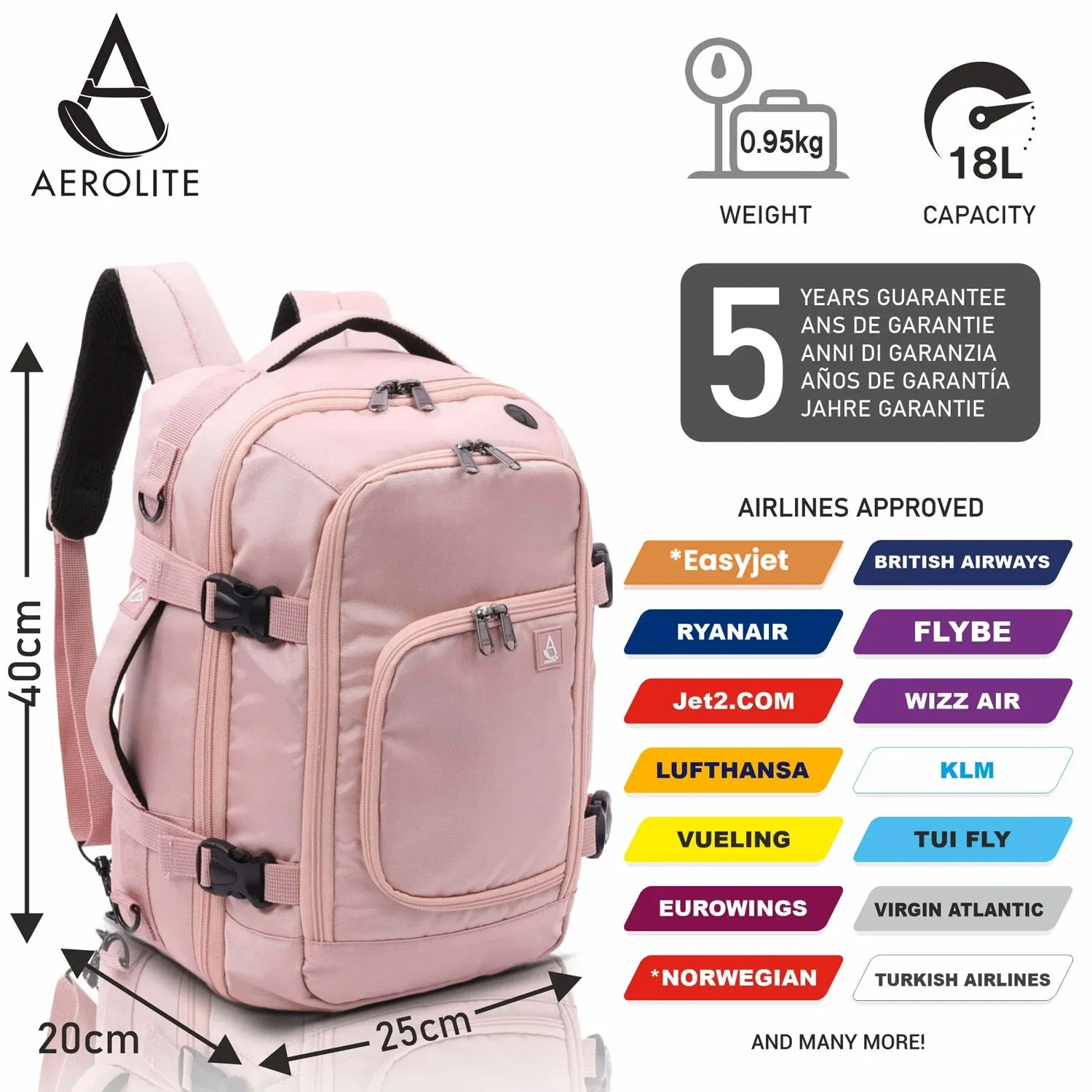 Aerolite (40x20x25cm) New and Improved 2024 Ryanair Maximum Size Hand Cabin Luggage/Backpack/Rucksack with YKK Zippers, Built-in USB Charging Port, Black