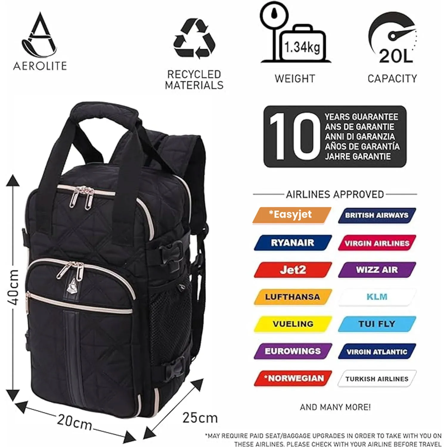 Aerolite 40x20x25cm Ryanair Maximum Premium Eco-Friendly Backpack with 10 Years Warranty (Quilted)