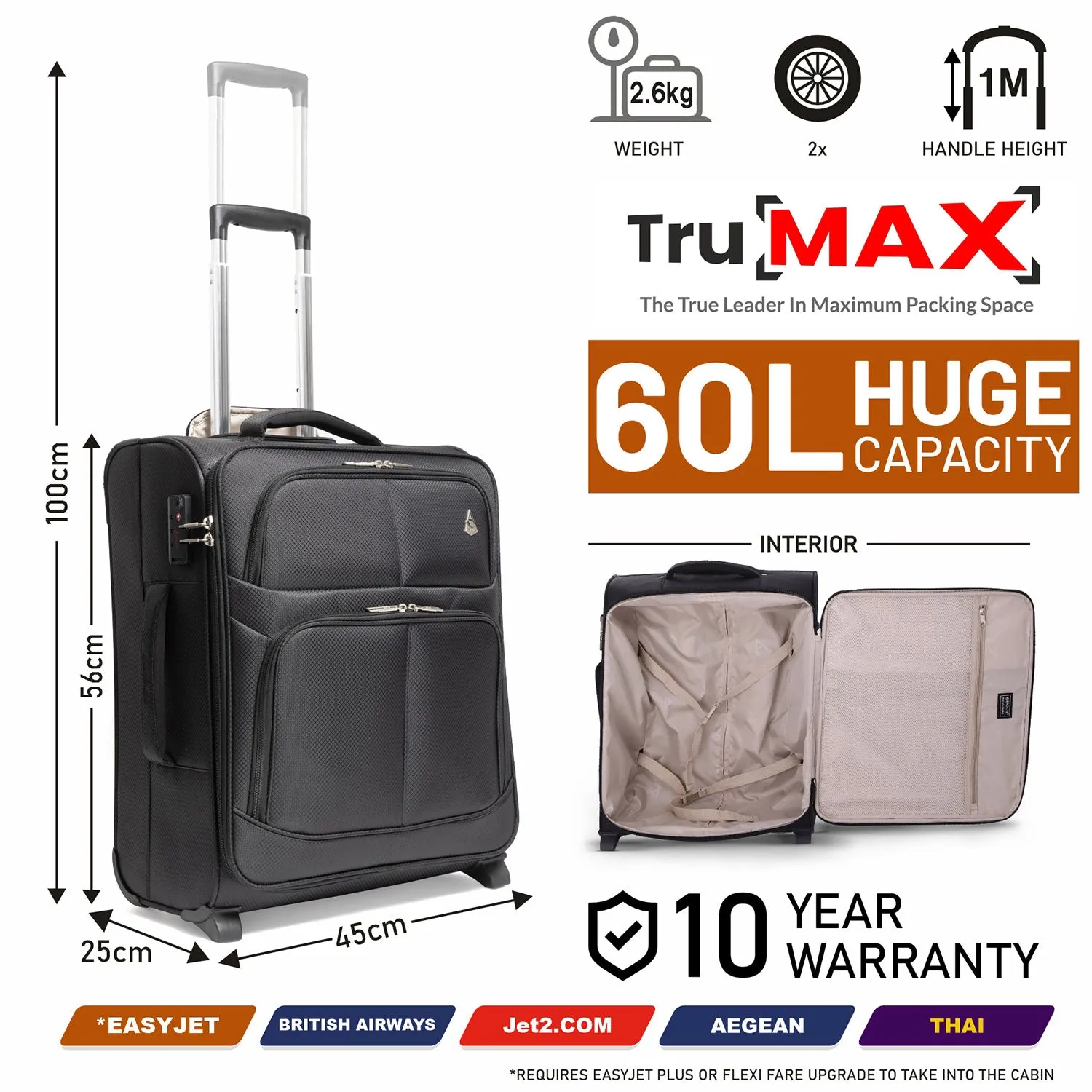 Aerolite (56x45x25cm) Easyjet Large Cabin, British Airways Jet2 Maximum Soft Shell Cabin Suitcase & (45x36x20cm) Easyjet Max Holdall