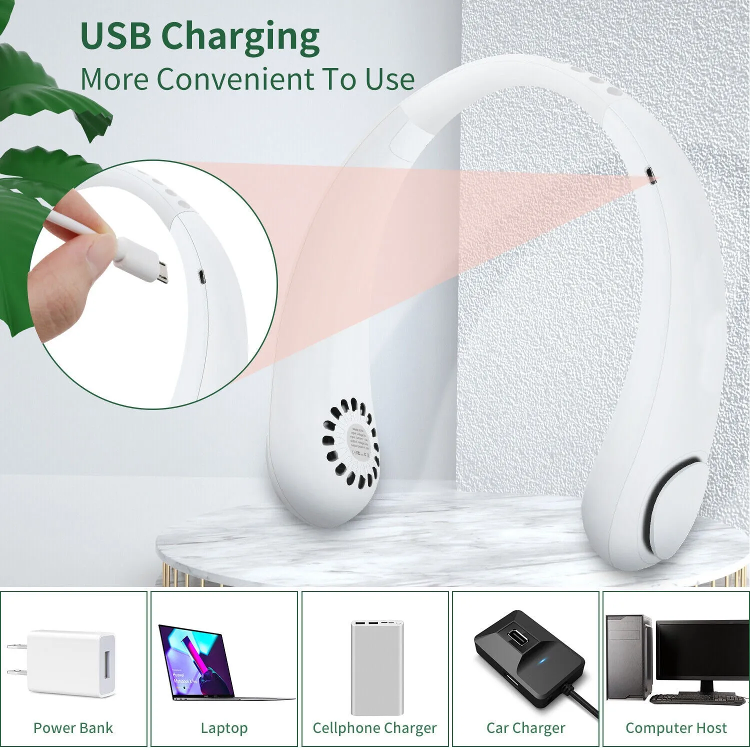 Hanging Neck Fan Portable Cooling Fan USB Leafless 360 Degree Neckband Fan 78 Surround Air Outlets 4000Mah Rechargeable