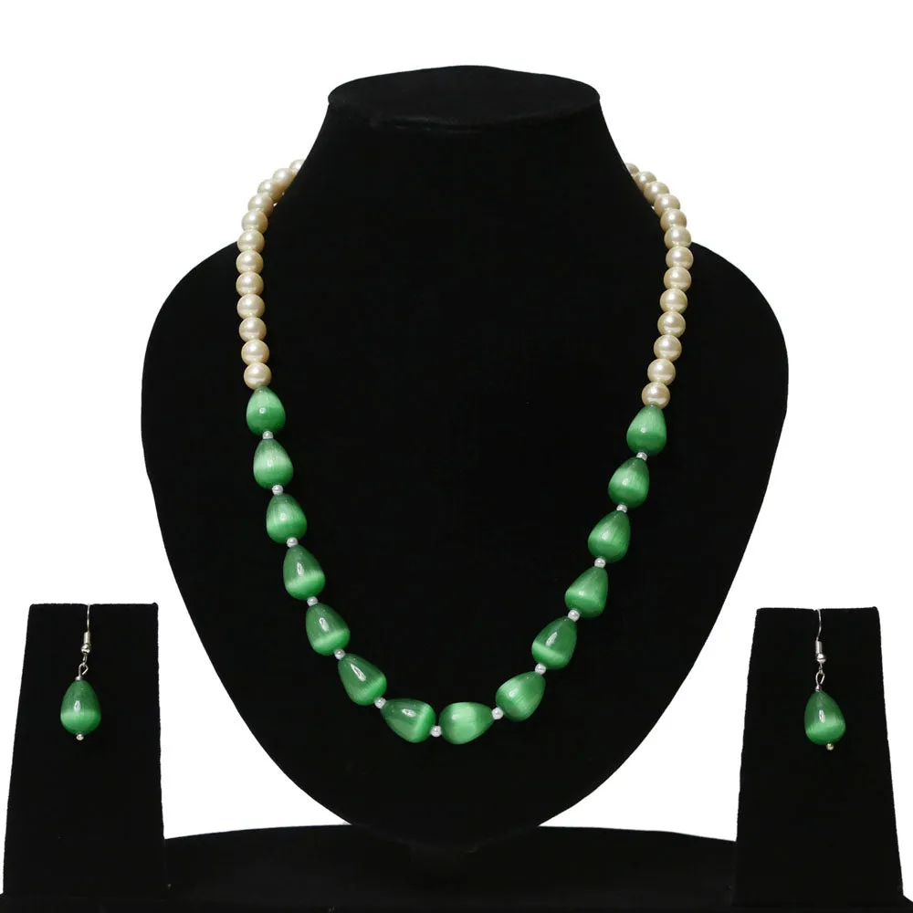 Imeora Exclusive Shell Pearl And Green Monalisa Stone Combination Necklace Set