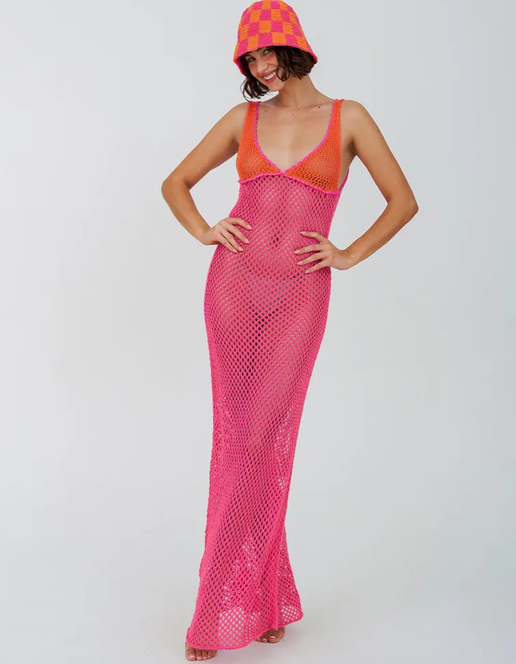 Pitusa - Crochet Colorblock Siren Dress - Hot Pink